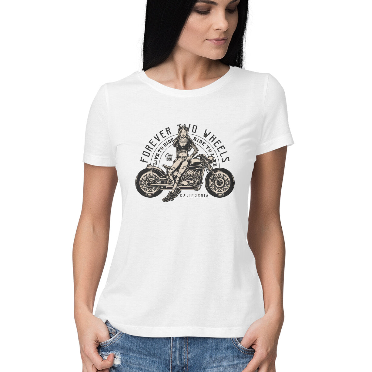Women's Round-neck Half Sleeves Cotton T-shirt - Motorcycle Girls