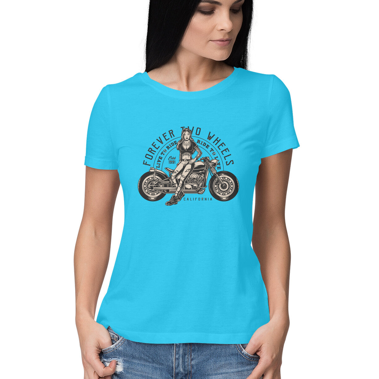 Women's Round-neck Half Sleeves Cotton T-shirt - Motorcycle Girls