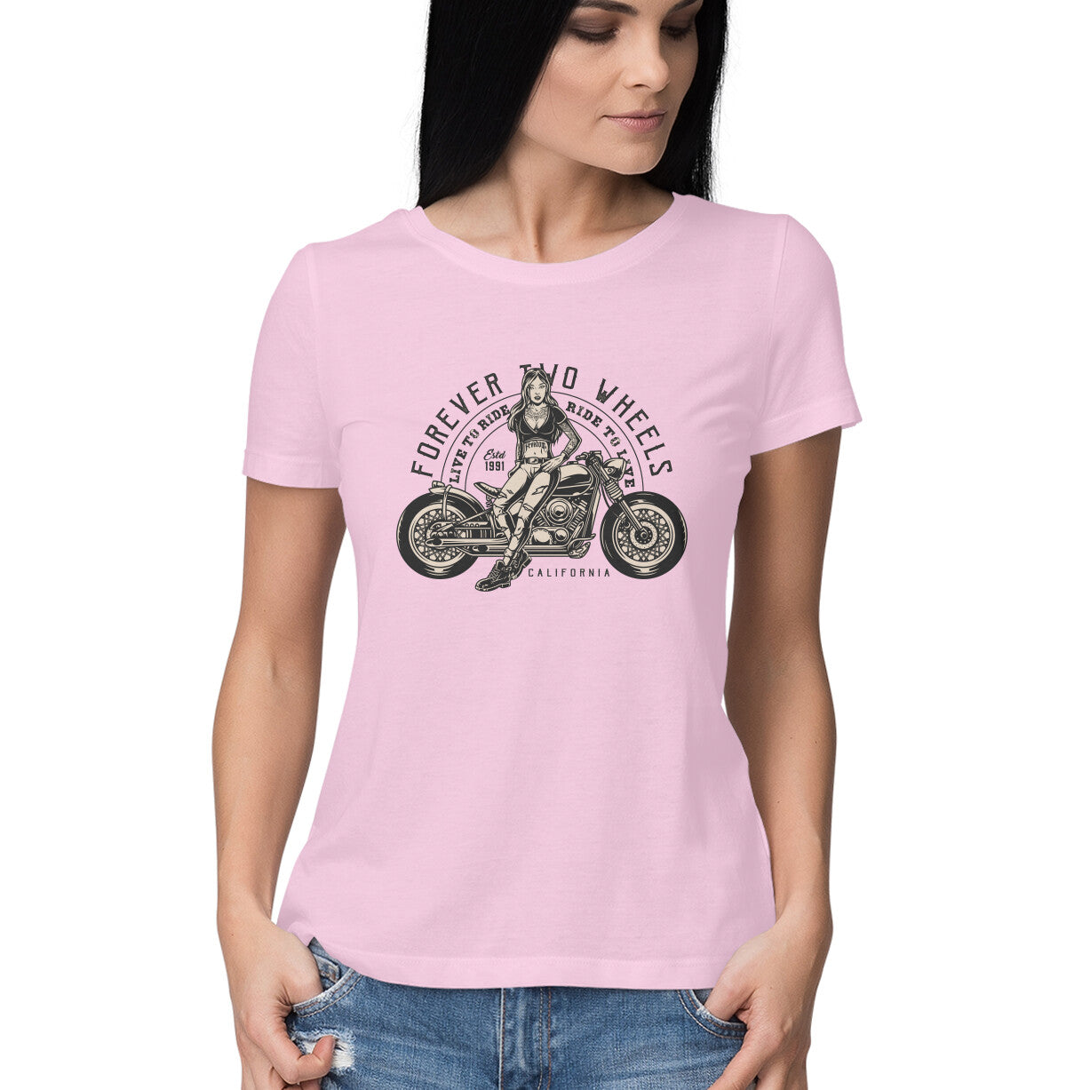 Women's Round-neck Half Sleeves Cotton T-shirt - Motorcycle Girls