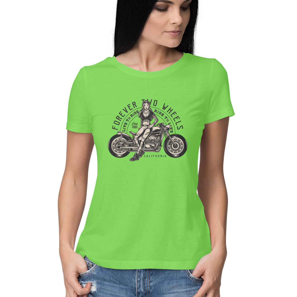 Women's Round-neck Half Sleeves Cotton T-shirt - Motorcycle Girls