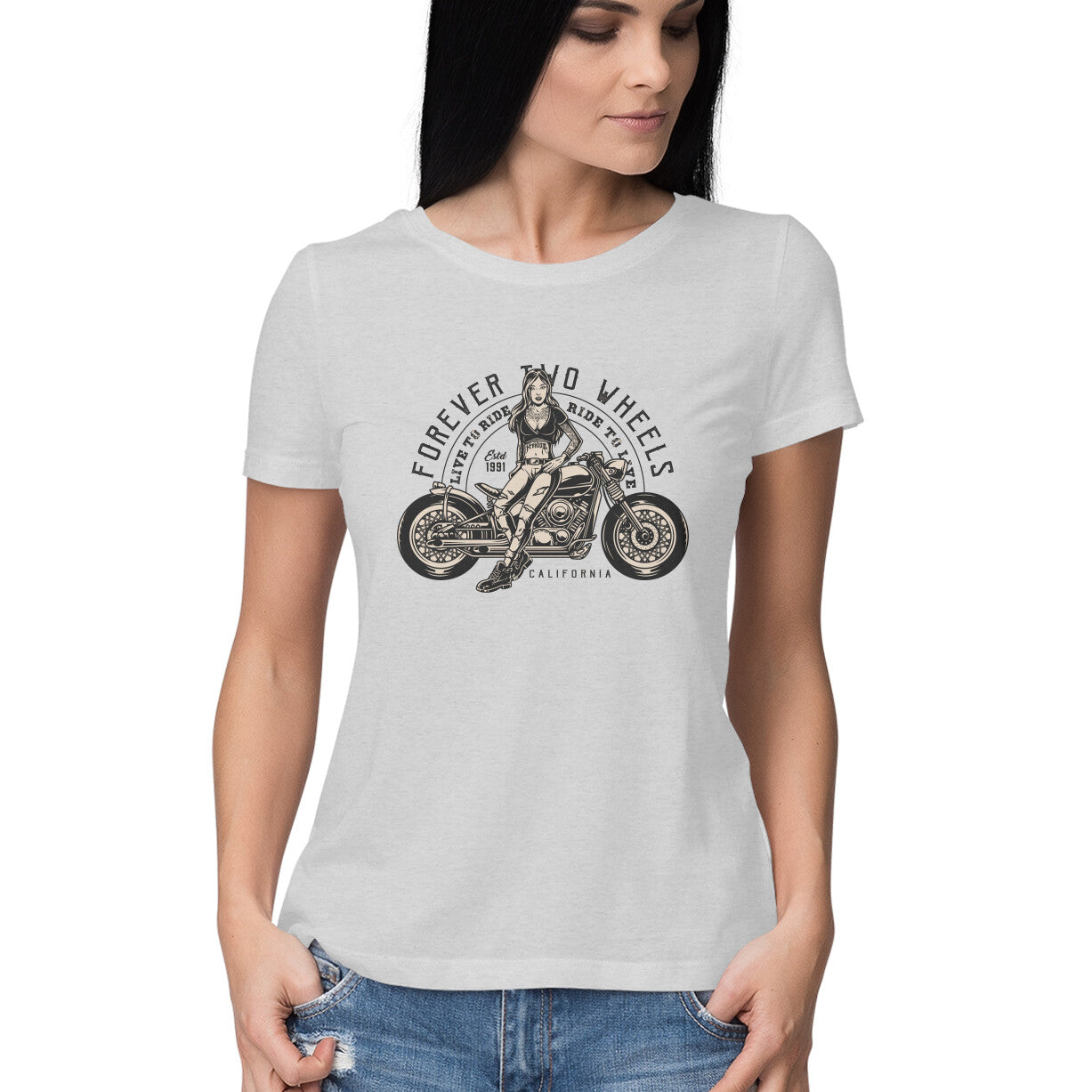 Women's Round-neck Half Sleeves Cotton T-shirt - Motorcycle Girls